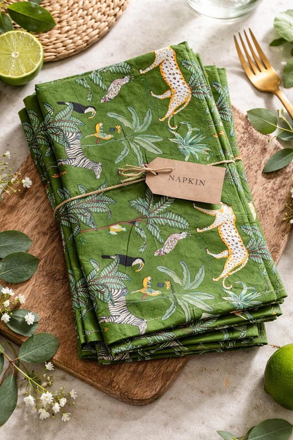 Hand Block Printed Cotton Napkins, Jungle Animals, Reusable Eco Friendly Table Linens