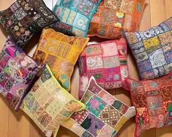 Boho Kissenbezug, Patchwork Kissenbezug, Indischer Vintage Kissenbezug, Besticktes Dekokissen, Dekoratives Sofakissen, Boho Wohnkultur, 16x16