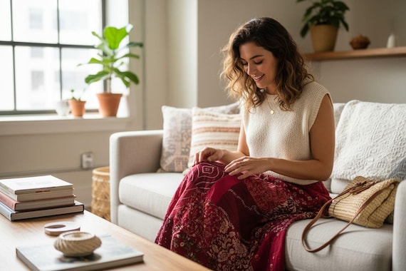 Handmade Patchwork Rayon Maxi Skirt: Bohemian Hip… - image 2