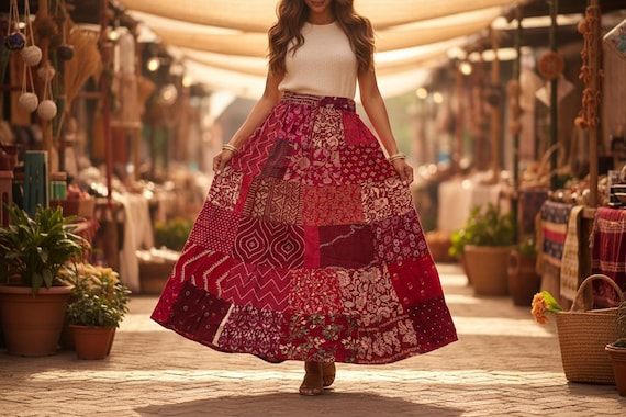 Handmade Patchwork Rayon Maxi Skirt: Bohemian Hip… - image 1