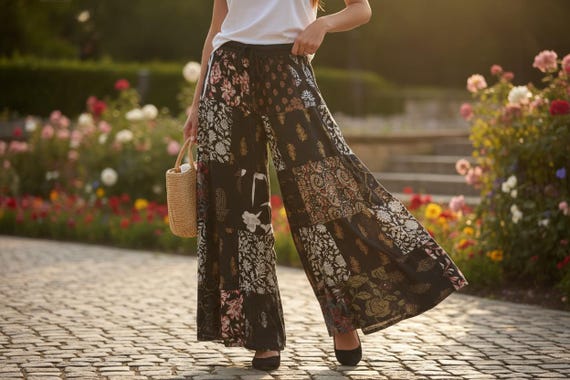 Handmade Patchwork Palazzo Pants: Boho Hippie Wid… - image 1
