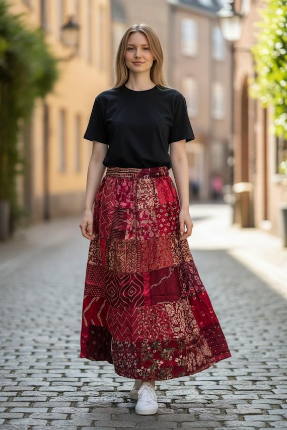 Handmade Patchwork Rayon Maxi Skirt: Bohemian Hip… - image 4