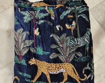 Navy Jungle Animal Velvet Fabric by Yard, Leopard & Tropical Bird Print Upholstery Fabric, Exotic Safari Textile for Sofa, Curtains DIY