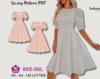 Puff Sleeve Midi Dress Pattern – Open Back Dress PDF – Romantic Dress Sewing Pattern – Cottagecore Fairy Dress – Digital DIY Dress for Women