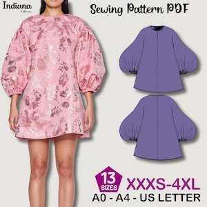 Oversized Puff Sleeve Dress Sewing Pattern – Mini Balloon Sleeve Dress PDF – Loose Fit Party Dress DIY – Round Neck Dress Digital Pattern