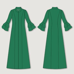 May include: Green dress pattern with a high collar and flared sleeves. The front view shows a zigzag seam down the center. The back view is also shown. The text "Indiana Patterns" is in the upper left corner.