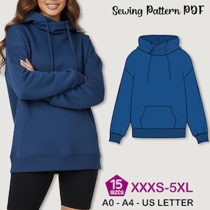 Puede incluir: Una sudadera con capucha azul marino con capucha con cordón y bolsillo de canguro. La imagen también muestra un diagrama de patrón de costura de la sudadera con capucha. El texto de la imagen dice "Sewing Pattern PDF" y "15 Sizes XXXS-5XL A0 - A4 - US LETTER".