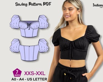 Milkmaid blouse sewing pattern, women bustier top, puffy sleeves, 7 sizes