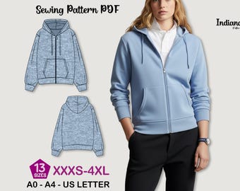 Oversized Zip Hoodie Sewing Pattern PDF – Women’s Relaxed Fit Sweatshirt – Comfy Zip-Up Jacket Pattern