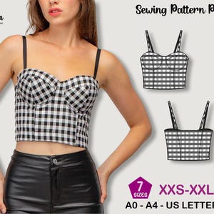 May include: A black and white gingham crop top with spaghetti straps. The image also shows a sewing pattern PDF with two illustrations of the top. Text on the image includes "Sewing Pattern PDF", "7 Sizes", and "XXS-XXL".