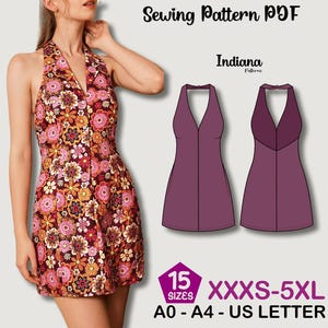 Puede incluir: Una modelo luce un vestido con cuello halter y estampado floral en tonos rosa, naranja y marrón. La imagen incluye un patrón de costura y el texto "Sewing Pattern PDF", "Indiana", e información de tallas. El vestido es un minivestido.