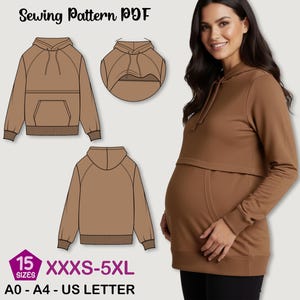 Könnte beinhalten: Ein braunes Hoodie-Schnittmuster-PDF mit mehreren Ansichten, einschließlich Vorder-, Rück- und Detailansicht. Das Muster umfasst die Größen XXXS-5XL und ist für A0-, A4- und US-Letter-Papier konzipiert. Das Bild zeigt auch eine Frau, die einen braunen Hoodie trägt.