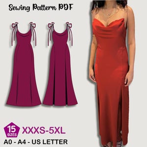 May include: A red maxi dress with a cowl neckline and a thigh-high slit. The image also shows a sewing pattern PDF of a similar dress in a deep magenta color. The pattern includes sizes from XXXS to 5XL.