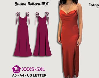 Patrón de vestido con abertura / escote desbocado / tirantes finos para atar / abertura en el muslo para mujer / largo / de una pieza / elegante / sin mangas / patrón de costura pdf