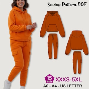 May include: An orange hoodie and cargo pants set. The image shows a woman wearing the outfit, and a sewing pattern diagram. The text on the image says "Sewing Pattern PDF", "15 Sizes XXXS-5XL", and "A0 - A4 - US LETTER".