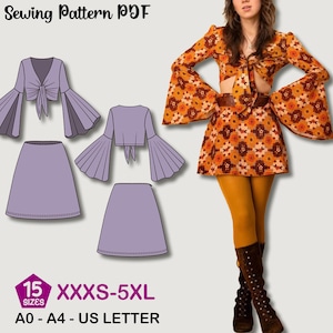 Puede incluir: Un patrón de costura PDF para un atuendo retro, que incluye un top corto y una falda, y una mujer que lleva el atuendo. El patrón ofrece tallas XXXS-5XL y está disponible en formatos A0, A4 y US Letter. El atuendo es naranja con un estampado floral.
