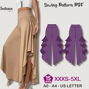 Puede incluir: Un pantalón palazzo color beige con cintura alta y diseño asimétrico fluido. La imagen también muestra una ilustración púrpura del diseño del pantalón. El texto en la imagen dice "Sewing Pattern PDF", "Indiana Patterns" e información de tallas.