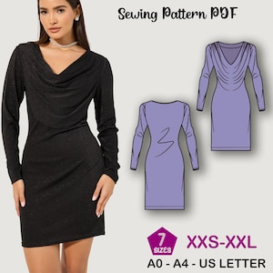 Puede incluir: Una mujer con un vestido negro de manga larga con cuello drapeado. La imagen también muestra un patrón de costura PDF con un diseño de vestido morado, el texto "Sewing Pattern PDF", "Indiana Patterns" e información de tallas: XXS-XXL.