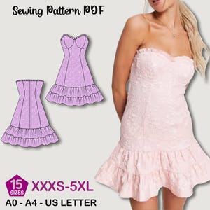 Bustier Ruffle dress sewing pattern| | Corset Style Mini Dress | Strapless Dress with Ruffle Hem | Short skirt dress| sewing Pattern PDF