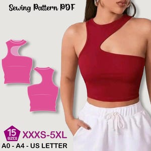May include: A red crop top with a unique asymmetrical design. The top features a cutout on the shoulder and a fitted silhouette. The image also shows a pink sewing pattern with the text "Sewing Pattern PDF", size range XXXS-5XL, and A0-A4-US LETTER.