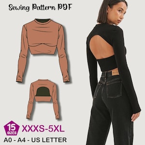 Könnte beinhalten: Ein PDF-Schnittmuster für ein langärmeliges Crop-Top mit Rückenausschnitt. Das Schnittmuster bietet Größen von XXXS bis 5XL und ist in den Formaten A0-A4 und US Letter erhältlich. Das Indiana Patterns-Logo ist sichtbar.