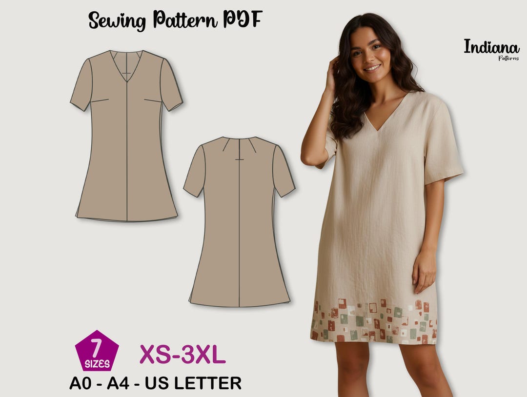Easy Linen Tunic Dress Sewing Pattern PDF  Loose Fit V-neck Dress for  Beginners, Summer Minimalist - Etsy