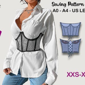 May include: A white button-down shirt with a black lace corset. The image includes a sewing pattern illustration and text that reads "Sewing Pattern PDF A0-A4-US LETTER" and "7 SIZES XXS-XXL". The Indiana Patterns logo is in the upper left.