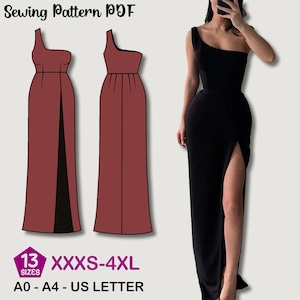 Vestido largo con abertura / Vestido de un solo hombro / PDF digital para boda, fiesta, vestido de noche / Patrón de costura para vestido largo / Patrón de costura para vestido de mujer