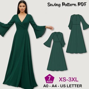 May include: A woman in a dark green dress with long, flared sleeves and a V-neck. The image includes a sewing pattern PDF with illustrations of the dress, along with size and paper format details. The text reads "Sewing Pattern PDF".