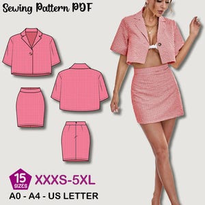 May include: A pink and white gingham pattern skirt suit and sewing pattern. The suit includes a cropped blazer and a mini skirt. The sewing pattern includes diagrams of the blazer and skirt. Text on the image reads "Sewing Pattern PDF", "15 Sizes XXXS-5XL", and "A0-A4-US LETTER".