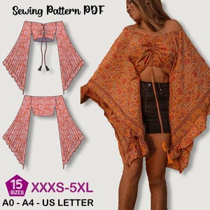 May include: An orange floral print top with long, flared sleeves. The image also shows a sewing pattern PDF with a similar design, including the text "Sewing Pattern PDF", size range "XXXS-5XL", and paper size options. The top is worn off the shoulders.
