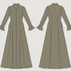 Puede incluir: Patrón de costura de un vestido largo verde oliva, vista frontal y trasera. El vestido presenta un cuello alto, mangas largas con puños acampanados y un corpiño entallado que fluye hacia una falda amplia. Una costura en zigzag recorre el frente.