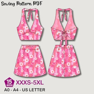Halterneck crop top | klänningsset | crop top med knytning och djup halsringning | Sommarset för kvinnor, sömnadsmönster i PDF-format | Ärmlös, kort kjol