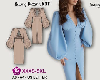 Patrón de vestido con mangas abullonadas / Patrón de costura para mujer en PDF / Costura de vestido de noche / Patrón de vestido digital / Vestido de invitada de boda