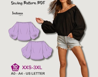May include: A PDF sewing pattern for an off-the-shoulder top, with sizes XXS-3XL. The pattern is from "Indiana Patterns." The image shows a woman wearing a black off-the-shoulder top and denim shorts. The pattern is in lilac.