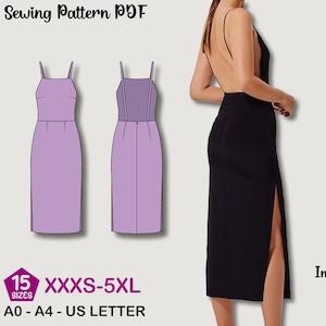 Puede incluir: Un patrón de costura PDF con dos ilustraciones de un vestido lavanda con tirantes finos. Un vestido negro con una abertura alta se muestra en una modelo. El texto incluye "15 tallas XXXS-5XL" y "A0-A4-US LETTER".