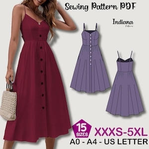 Puede incluir: Se muestra un vestido burdeos con botones, tirantes finos y cuello en V. La imagen también presenta una ilustración de patrón de costura de un vestido similar en morado. El texto de la imagen dice "Sewing Pattern PDF", "Indiana Patterns" e información de tallas.