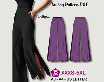 Wide-Leg Pants Sewing Pattern for Women | PDF Side Slit Pants Pattern | High-Waist DIY Elastic Pants | Digital Download women sewing pattern