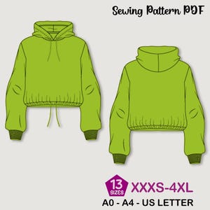 Puede incluir: Un patrón de costura PDF de sudadera con capucha verde lima con vistas delantera y trasera. El diseño presenta una capucha con cordón, puños acanalados y un dobladillo recortado. El texto "Sewing Pattern PDF" está en la parte superior. El patrón incluye 13 tallas, de XXXS a 4XL.