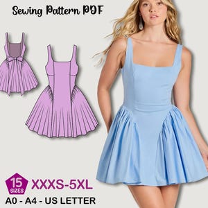 Square Neck Dress Sewing Pattern PDF – Fit and Flare Mini Dress with Bow Back – Prom & Wedding Guest Dress Pattern 15 Sizes Digital Download