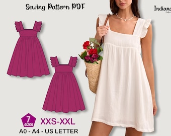 Patrón de costura para vestido con tirantes y volantes, falda corta con escote cuadrado, sin mangas para mujer (7 tallas) PDF