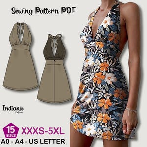 May include: A halter-neck dress with a floral print in orange, white, and blue on a black background. The image also shows a sewing pattern with two dress illustrations and the text "Sewing Pattern PDF", "Indiana Patterns", and size information.