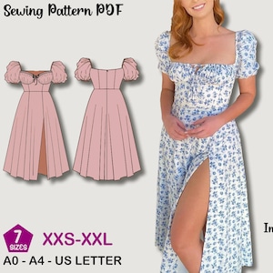 Milkmaid Midi Dress Pattern PDF – Puff Sleeve Dress – Slit Summer Dress Sewing – Romantic Cottagecore Bustier Dress – DIY Women&#39;s Clothing