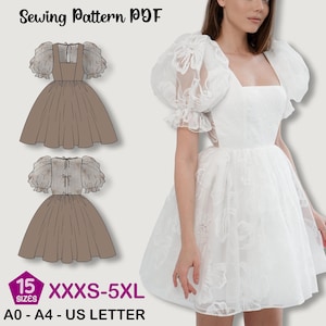 Può includere: Un abito bianco con scollo quadrato e maniche a sbuffo trasparenti. L'abito presenta un corpetto aderente e una gonna svasata. L'immagine mostra anche un modello di cucito con un design di abito marrone e il testo "Sewing Pattern PDF". Il modello include taglie XXXS-5XL.
