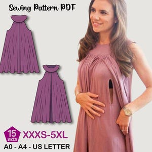 May include: A digital sewing pattern PDF for a sleeveless dress. The pattern includes sizes XXXS-5XL and is available in A0, A4, and US Letter formats. The image shows a woman wearing the dress and a line drawing of the dress.