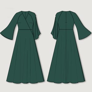 Könnte beinhalten: Ein dunkelgrünes Kleidermuster mit langen, ausgestellten Ärmeln und einem Wickel-Oberteil. Die Illustration zeigt sowohl die Vorder- als auch die Rückansicht des Kleid-Designs. Der Text "Indiana Patterns" befindet sich in der oberen linken Ecke.