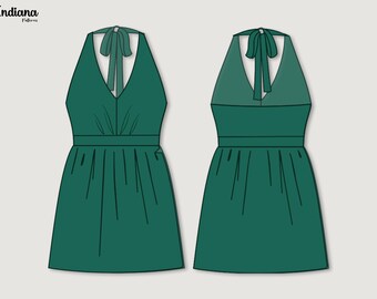 May include: Illustration of a green halter dress with a V-neckline and a tie at the back of the neck. The dress has a fitted waist and a flared skirt. The text "Indiana Patterns" is in the upper left corner.