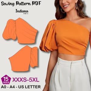One Shoulder Puffy Sleeve Top Sewing Pattern | PDF DIY Summer Blouse | Women Beginner-Friendly Asymmetric Top | Digital Download