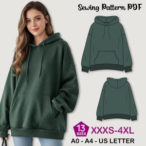 May include: A woman wearing a dark green hoodie with a front pocket and drawstring. The image also shows a sewing pattern of the hoodie. Text on the image reads "Sewing Pattern PDF" and "13 Sizes XXXS-4XL".
