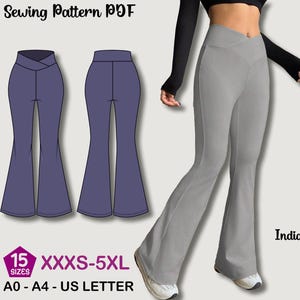 Puede incluir: Un patrón de costura PDF con ilustraciones de pantalones acampanados en un tono azul oscuro, junto con una foto de pantalones acampanados grises. El patrón incluye 15 tallas, desde XXXS hasta 5XL, y es compatible con formatos A0, A4 y US Letter.